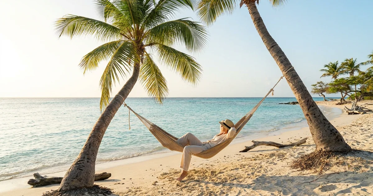 Homem relaxando em uma rede sobre as águas azul-turquesa de uma praia tranquila em Aruba, com o sol da tarde criando uma atmosfera serena.