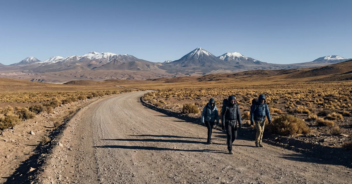 Estrada de terra no Atacama com vulcões nevados ao fundo em luz fria de inverno