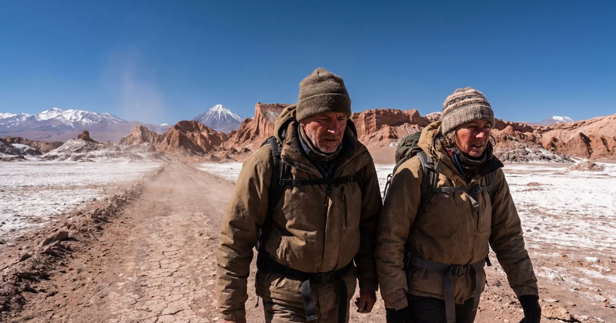 Viajantes com casacos caminhando em trilha seca do Atacama com montanhas e céu azul ao fundo
