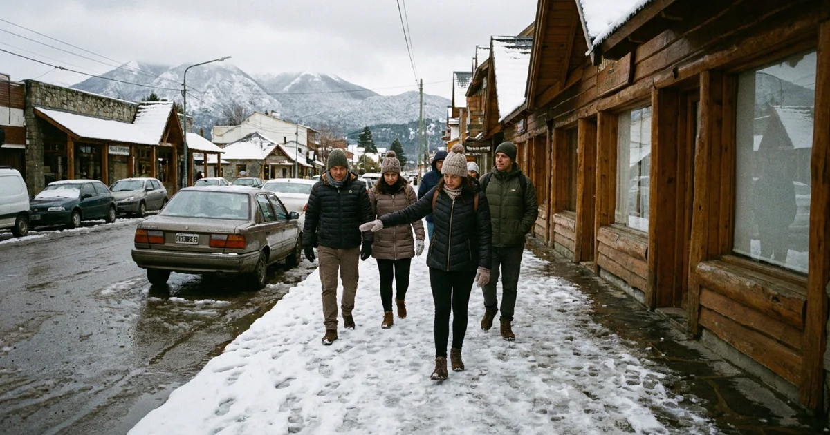 Viajantes brasileiros caminhando em Bariloche no inverno com neve leve e lojas de madeira ao redor
