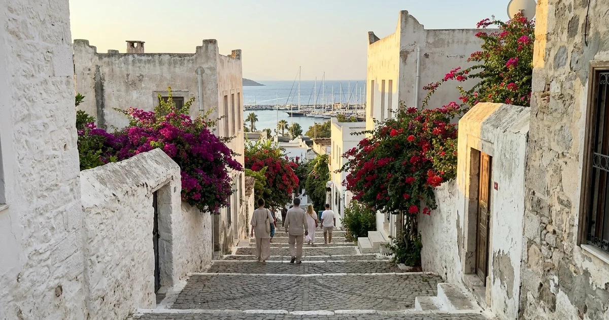 Whitewashed Bodrum street above the Aegean with bougainvillea, stone steps and warm summer light