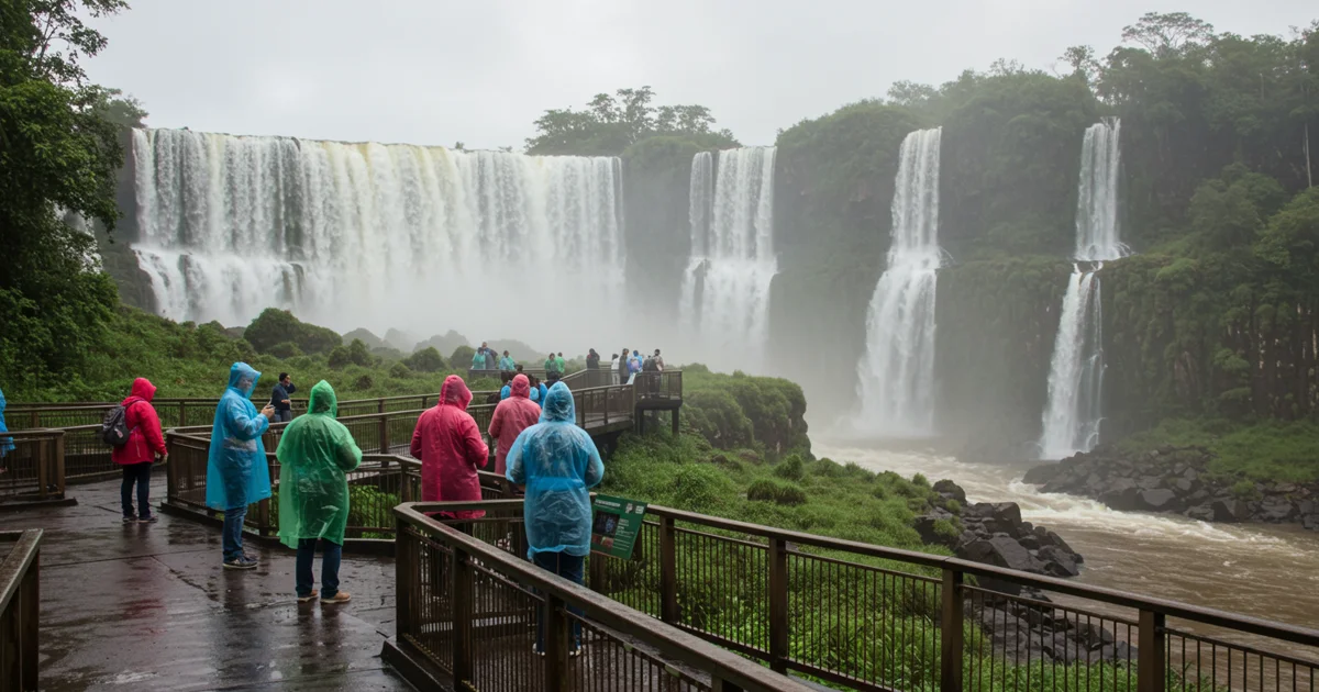 Visitantes observam as Cataratas do Iguaçu em manhã de inverno com névoa e passarela molhada