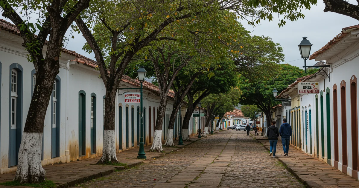 Rua arborizada em Garanhuns no inverno, com luz suave, casarios e clima de serra nordestina