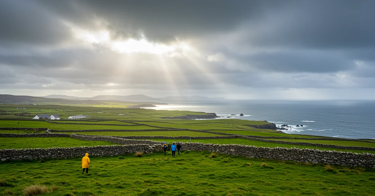 Realistic summer road scene on Ireland's west coast near cliffs and green fields