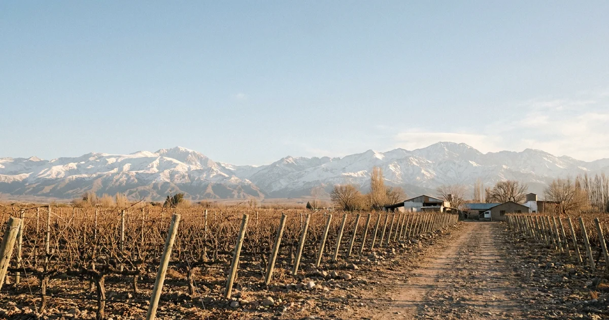 Vinhedos de Mendoza com Andes nevados ao fundo em luz natural de inverno