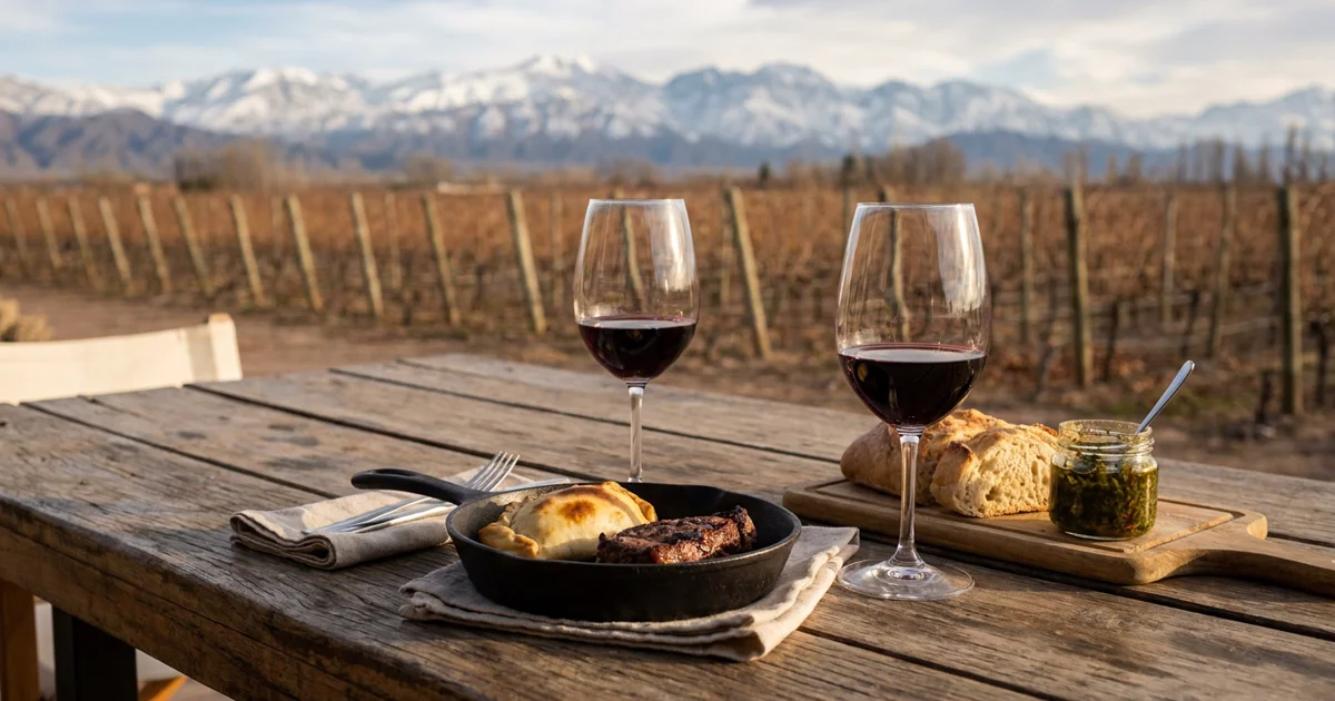Mesa de almoço em vinícola de Mendoza com taças de vinho e montanhas ao fundo