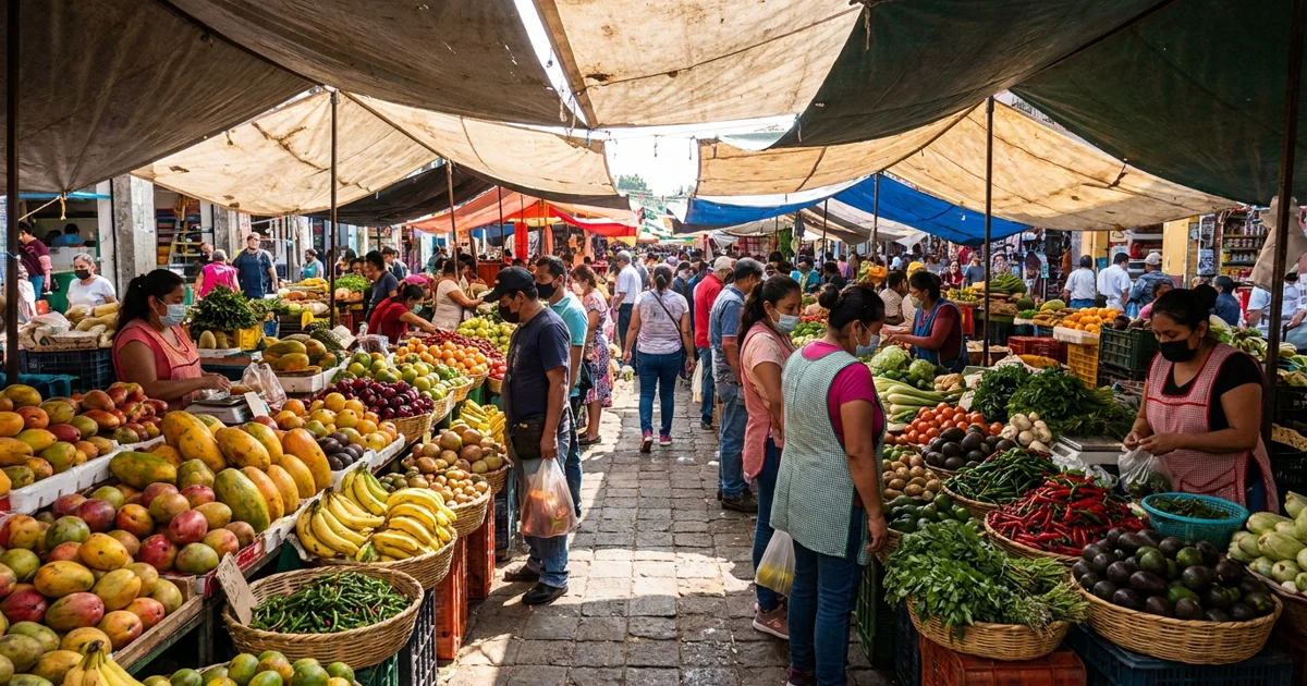 A colorful, bustling scene at a local market in Mexico City, with vibrant fruits and vegetables neatly arranged. The lighting is natural and a few people are browsing.
