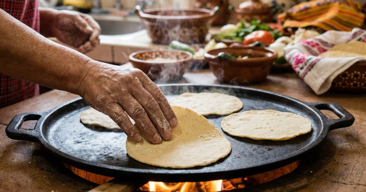 A close-up shot of hands preparing fresh tortillas on a traditional comal in a rustic kitchen setting, with soft, warm light.
