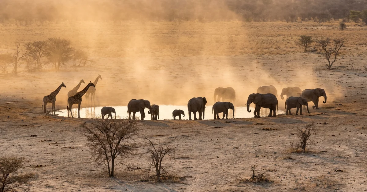Dry-season Namibia landscape with wildlife near Etosha and warm winter light