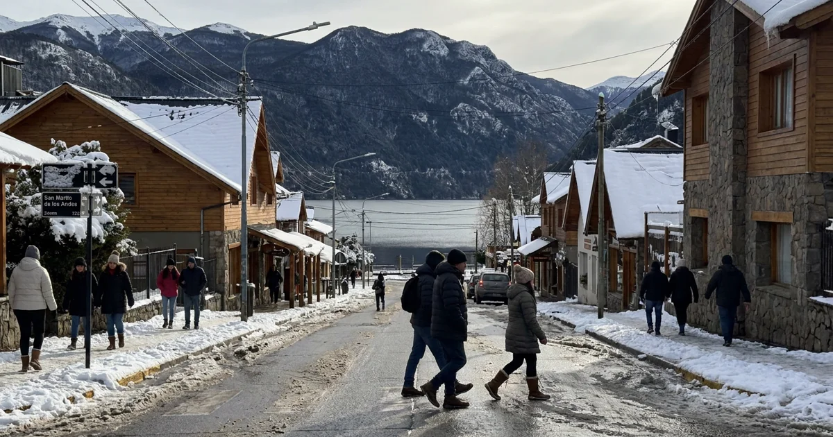 Rua de San Martín de los Andes com neve, montanhas e viajantes no inverno patagônico