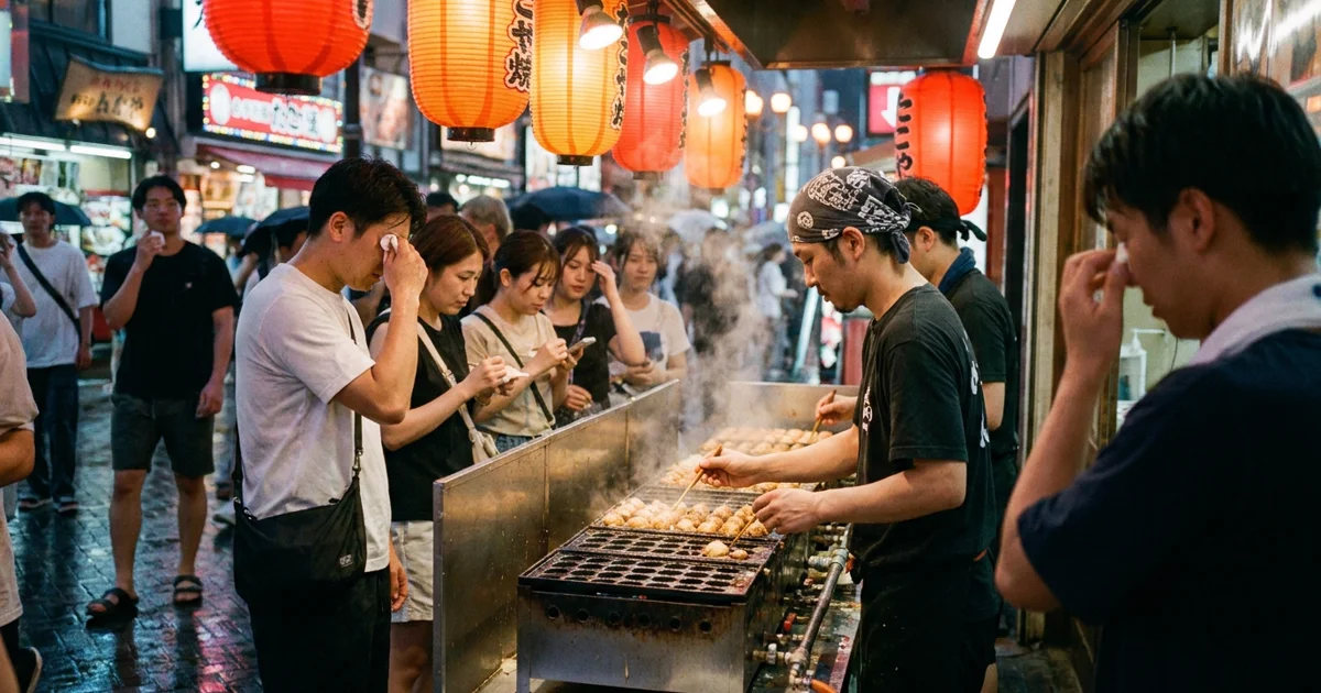 Evening street food scene in Osaka with lantern light and realistic summer crowds