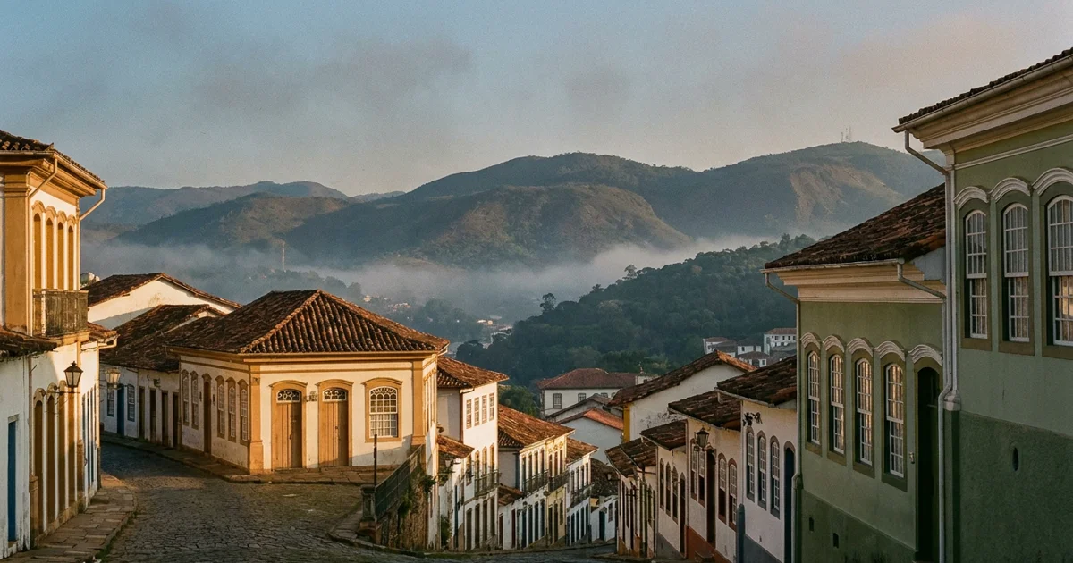 Centro histórico de Ouro Preto em Minas Gerais com casario colonial ao pôr do sol