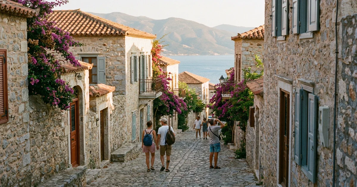Stone village street in the Peloponnese at golden hour with mountains and sea in the distance