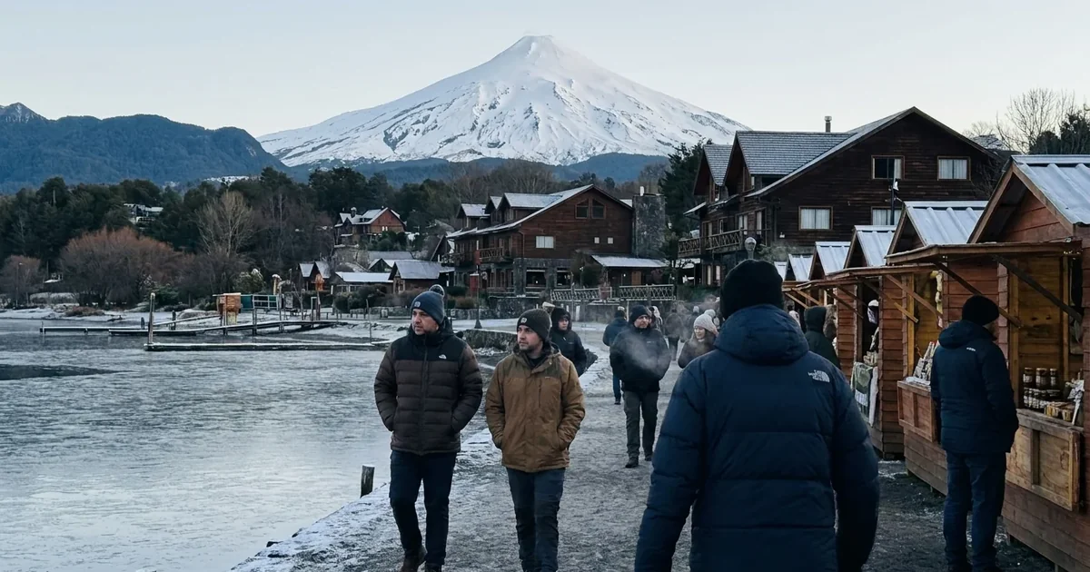 Vulcão Villarrica nevado visto de Pucón em um dia claro de inverno