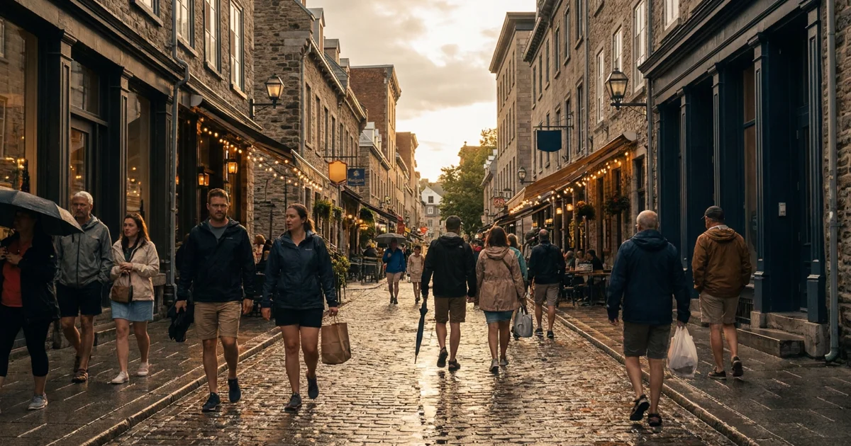 Summer evening in Quebec City Old Town with stone streets and warm cafe lights