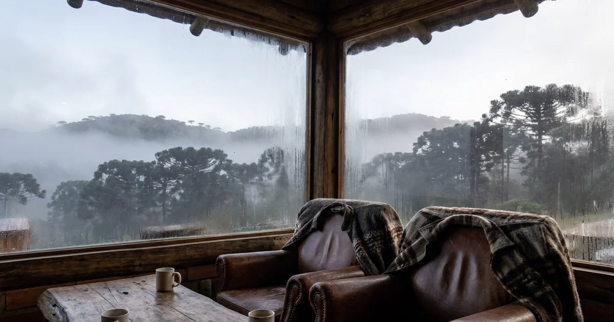 Estrada rural com araucárias e neblina na Serra Catarinense