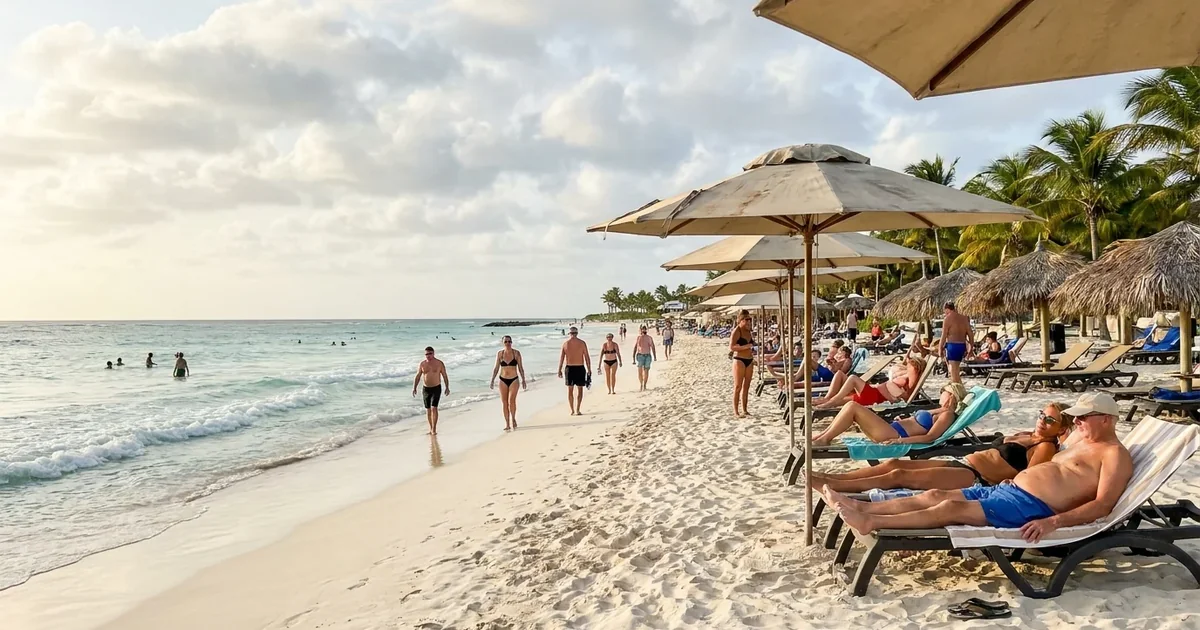 Turquoise water and white sand on a Sint Maarten beach in natural summer light