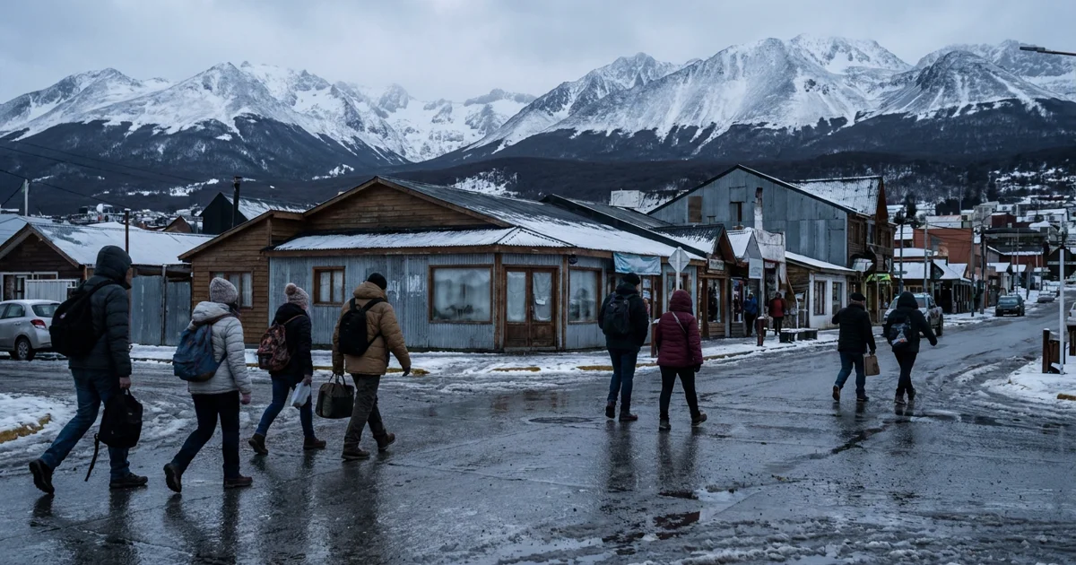 Rua de Ushuaia no inverno com neve, montanhas ao fundo e viajantes caminhando