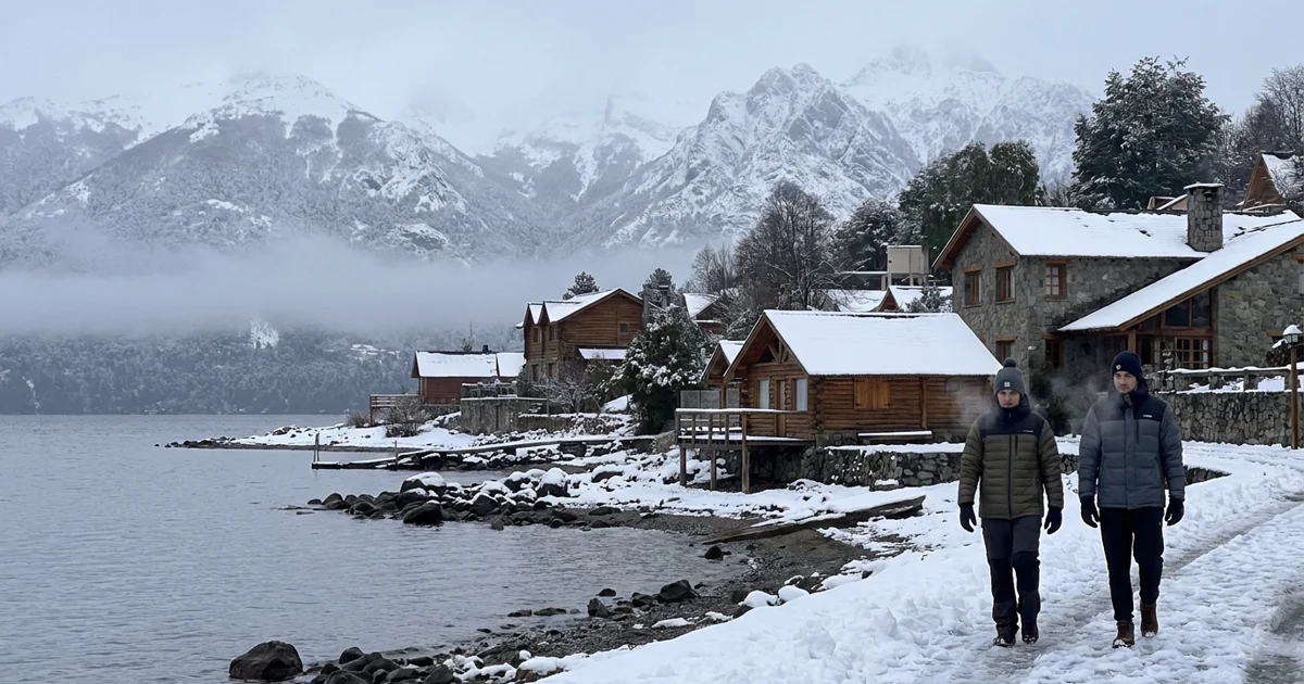 Lago nevado em Villa La Angostura com montanhas da Patagônia ao fundo