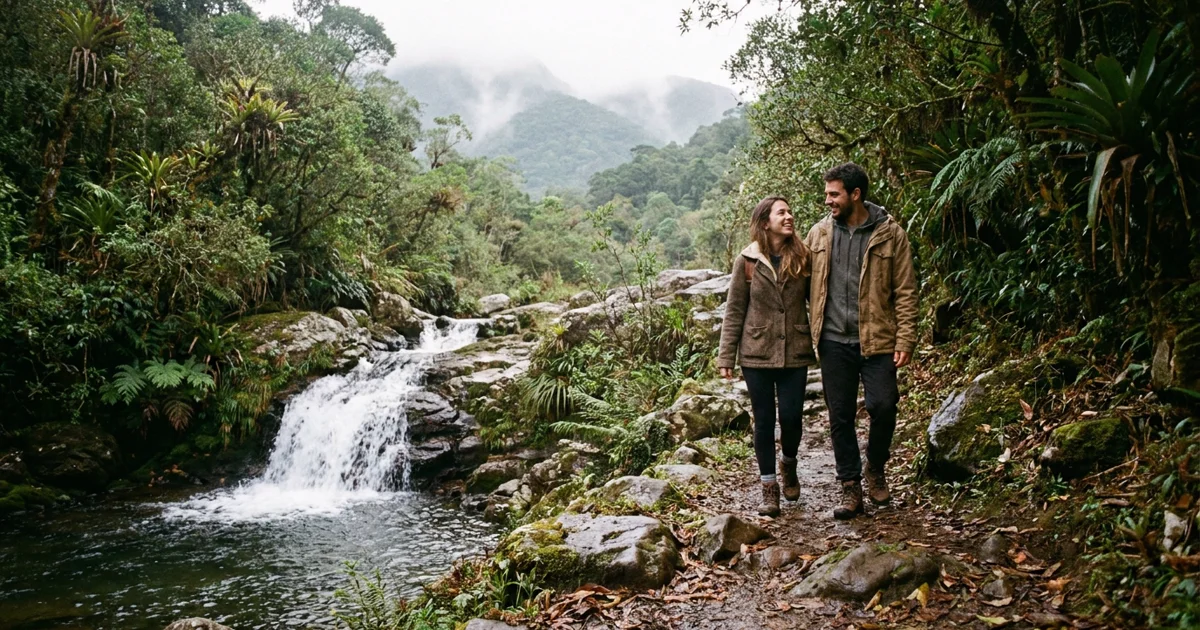 Casal caminhando em trilha de montanha em Visconde de Mauá no inverno